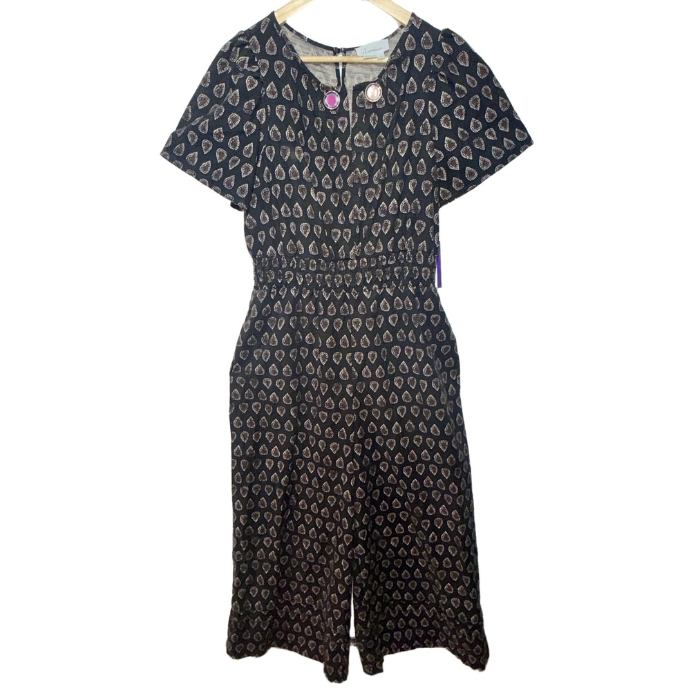 Anthropologie Brown Tan Cotton V-Neck Short Sleeve Wide Leg Jumpsuit Size Medium